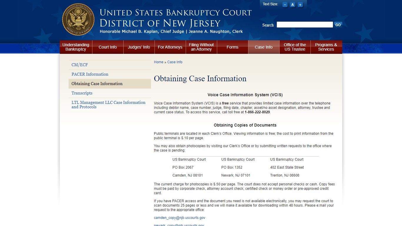 Obtaining Case Information | United States Bankruptcy Court - District ...